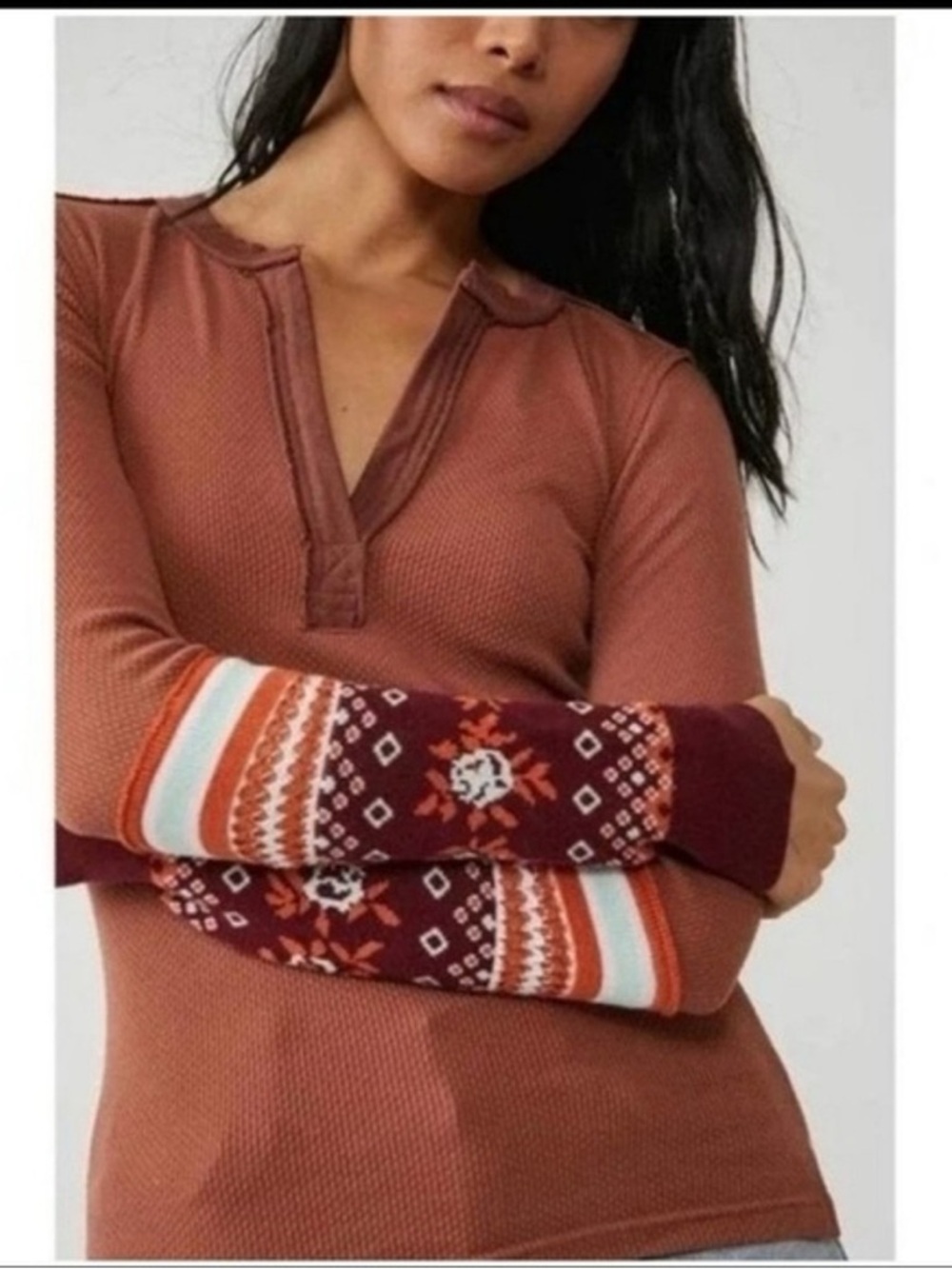 We The Free Mikah Notch Neck Thermal Top Small Mauve Pink Fair Isle Sleeves